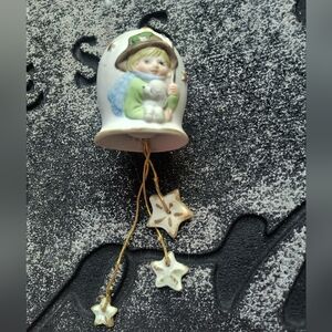 Christmas Chimes Jasco Ceramic Girl And Dog Stars 1980 Vintage Bell Ornament
